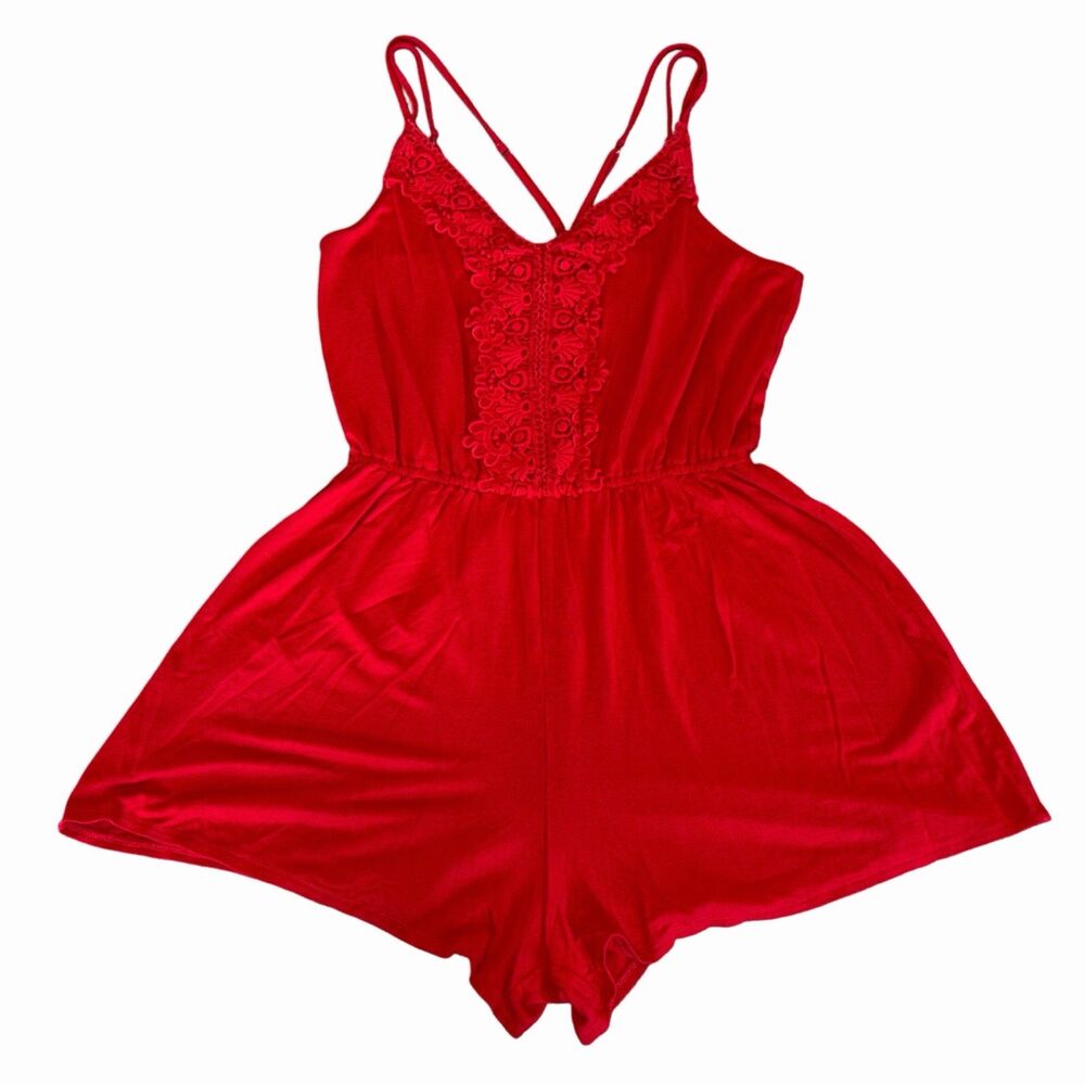Hollister Red Romper Crochet Embellishment Shorts Tank Size Medium